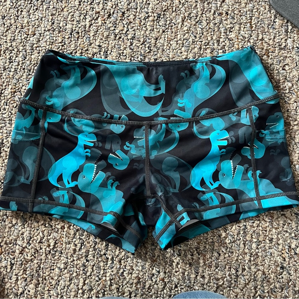 Feed Me Fight Me: Dinosaur Print Black and Teal Shorts